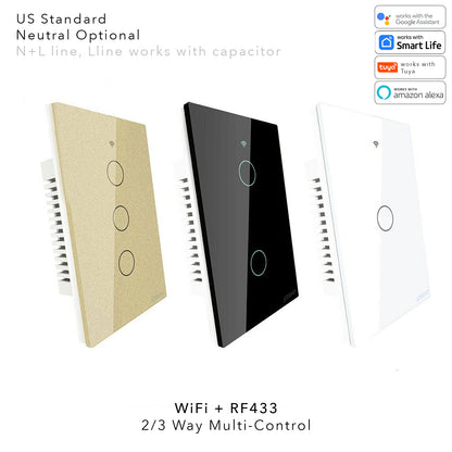 RF433 WIFI Smart Wall Touch Light Switch Glass Panel, 3 Way Multi-Control Neutral Wire Required US Standard