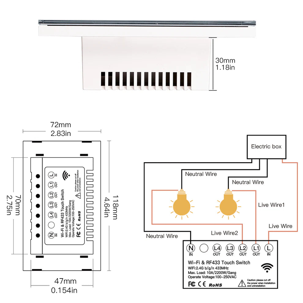 RF433 WIFI Smart Wall Touch Light Switch Glass Panel, 3 Way Multi-Control Neutral Wire Required US Standard